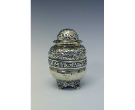 William IV silver tea caddy of ovoid form with embossed floral decoration and having removable lid, sponsor's mark of Robert 