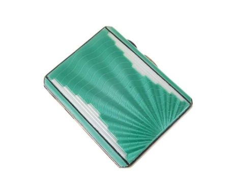 George VI silver cigarette case the front having a green and translucent guilloche enamelled panel with Art Deco decoration, 