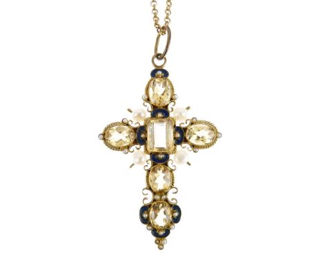 Percossi Papi, Italy - Topaz, cultured pearl and enamel cross pendant, stamped to the reverse, 5.7cm long excluding the bale,