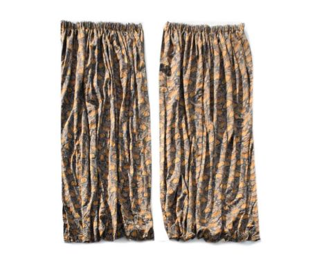 Pair of lined curtains with yellow dogrose decoration on a blue ground, 270cm drop, each panel 250cm wide