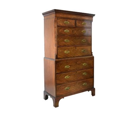 George III mahogany tallboy or chest-on-chest, the upper section with moulded dentil cornice over two short and three graduat