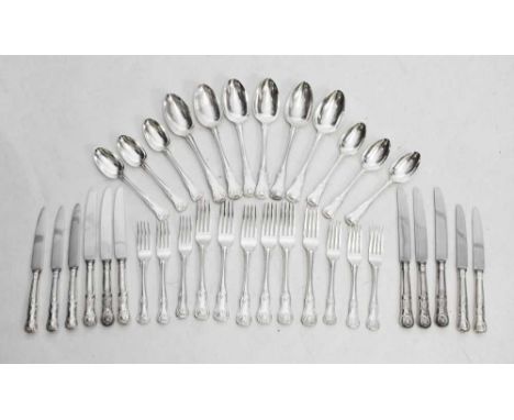 Matched six person set of King's pattern silver flatware, comprising six George III table forks, five dessert forks, six dess