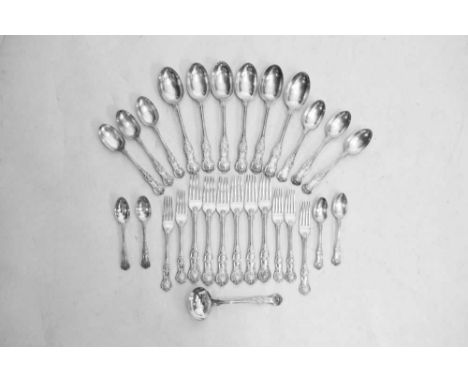 Quantity of Queen's pattern silver cutlery, comprising six tablespoons, six dinner forks, six dessert spoons, five side forks
