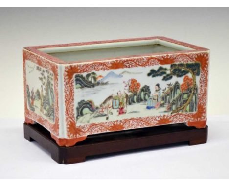 Chinese porcelain planter and stand, Republican period, decorated with panels of figures in waterside landscapes, within 'iro