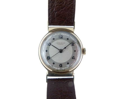 J.W. Benson - Mid-size 9ct gold manual wind wristwatch, signed two-tone silver dial having blued steel hands, centre seconds,
