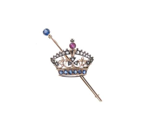Diamond, ruby and sapphire set coronet bar brooch, 5.2cm long, 5.8g gross approx