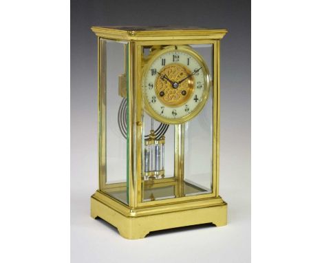 French four-glass mantel clock, circa 1900, 4-inch cream Arabic chapter ring framing gilt scroll centre, unmarked two-train m