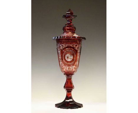 Attributed to Franz Hansel (1802-1883), monumental mid-19th Century large Bohemian ruby-flashed goblet and cover, the tapered