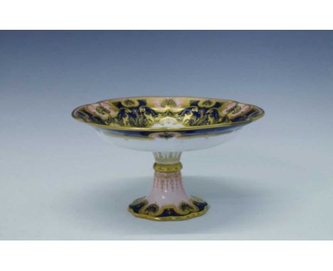 Royal Worcester tazza, painted by Richard Sebright (1870-1959) with fruits and flowers within richly gilt cobalt blue and apr