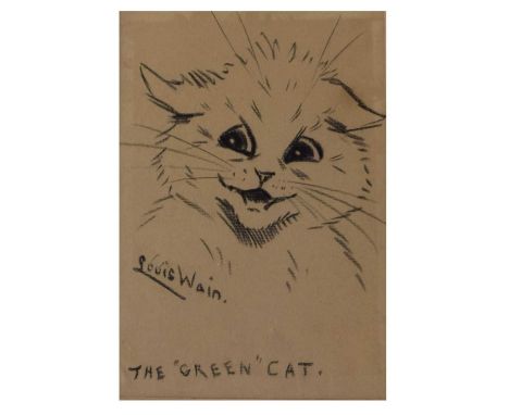 Attributed to Louis Wain - Charcoal on paper, inscribed The "Green" Cat with signature, 19.5cm x 12cm (framed and glazed)