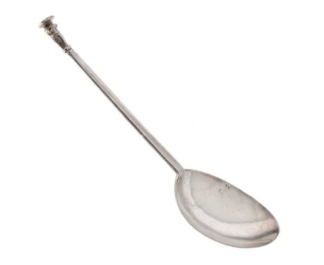 17th Century brass seal top spoon, with later silver plating, 17.5cm longCondition report: Some light surface wear and scratc