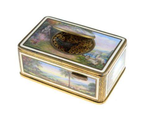 Karl Griesbaum of Triberg - Good quality German Black Forest enamel singing bird box automaton, the rectangular top decorated