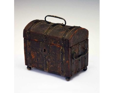 Rare late Medieval iron bound cuir bouilli table casket, probably French or Spanish, circa first half 16th Century, the domed