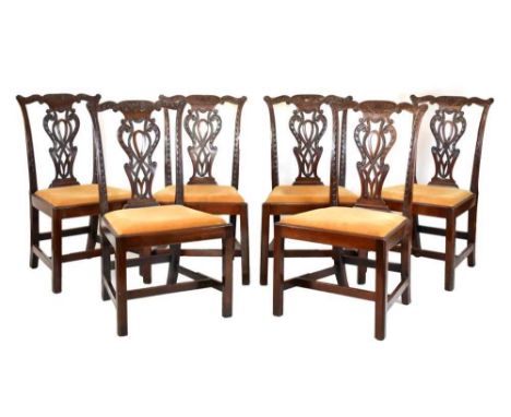 Set of six late 19th Century Chippendale Revival mahogany dining chairs, each having a pierced vase splat beneath foliate top