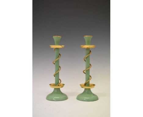 Pair of mid 20th Century pale green enamel and gilt metal candlesticks, with coiled wirework decoration, 29cm high