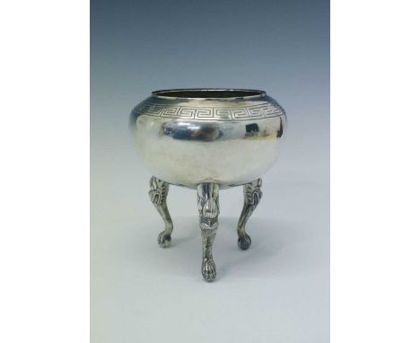 Chinese late 19th/early 20th Century white metal bowl standing on three dragon knee legs with claw and ball feet, the bowl ha