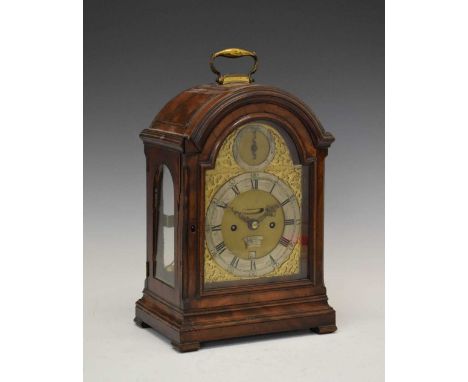 Small George III mahogany-cased triple pad twin fusee bracket clock, John Johnson, London, circa 1780, 7-inch break-arched di