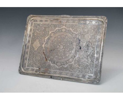 Persian (possibly Isfahan) rectangular white metal tray, with typical Iranian decoration and raised rim with floral chased co