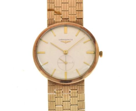 Longines - Early 1960s vintage manual wind wristwatch, the 9ct gold case having a signed champagne dial with gold baton hour 