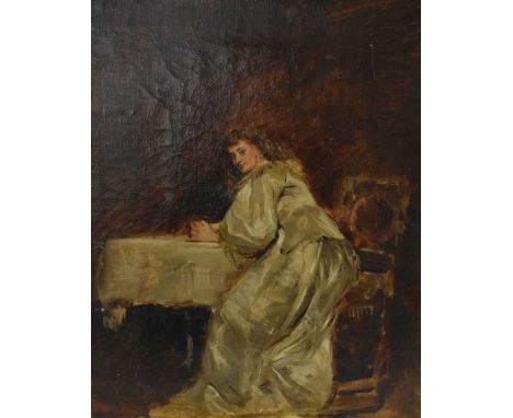 Late 19th or early 20th Century Scottish School - Oil on canvas- Portrait of a young lady in a silk dress, 25.5cm x 20cm, fra