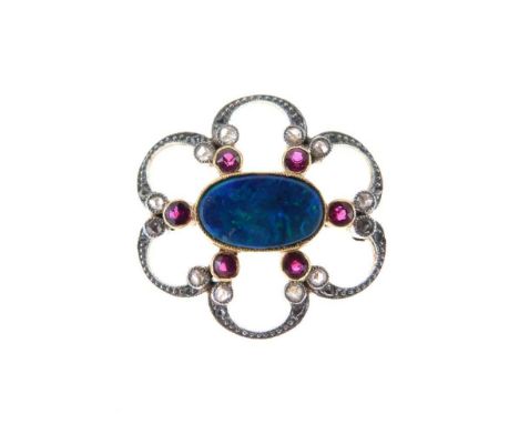 Diamond, ruby and opal doublet brooch, of hexafoil design, approximately 2.2cm across and 4g gross approx