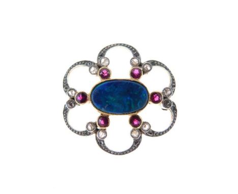 Diamond, ruby and opal doublet brooch, of hexafoil design, approximately 2.2cm across and 4g gross approx