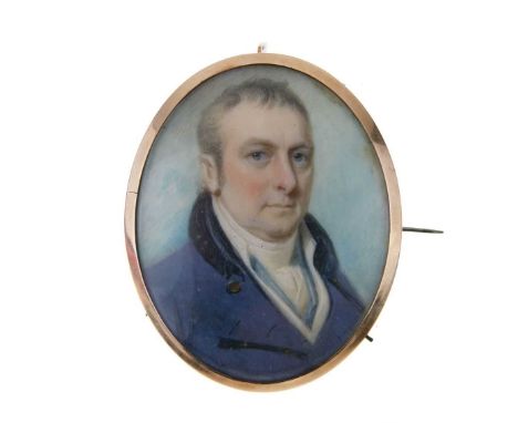Early-mid 19th Century English School portrait miniature of gentleman wearing a blue coat and white chemise, probably on ivor