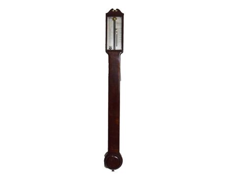 Late George III mahogany stick barometer, Dollond, London, circa 1820, signed silver two-piece register reading from 27 to 31