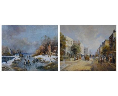 Morgan John Rendell (British, 20th Century) - Two oils on panel - 19th Century street scene, and Netherlandish winter landsca