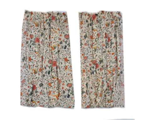 Pair of lined and inter-lined curtains, decorated with birds of paradise on a cream ground, 210cm drop, each panel 185cm wide