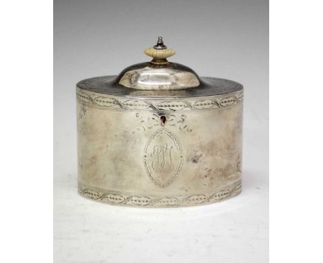 George III oval silver tea caddy with bright-cut decoration, the hinged domed cover with an ivory knop finial, sponsor's mark