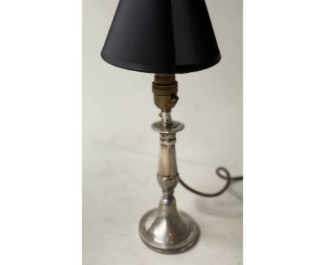 CANDLESTICK TABLE LAMPS, a pair, Georgian style silvered with lobed detail and oval base, 34cm H. (2) 