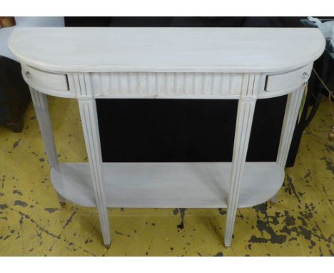 CONSOLE TABLE, D shaped with two frieze drawers in a grey wash finish, 105cm x 30cm x 87cm H. 
