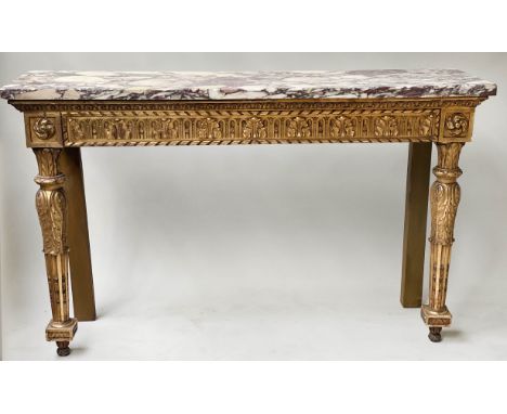 CONSOLE TABLE, 19th century Italian carved giltwood with rectangular brèche violette marble top and carved tapering supports,