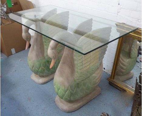 SWAN CONSOLE TABLE, glass top, carved swan bases, 61cm D x 122cm W x 77cm H. 