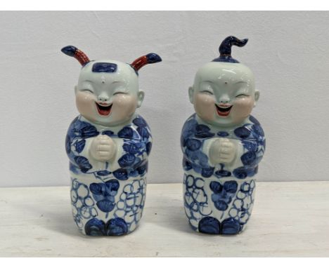 LAUGHING CHILDREN, Chinese export style blue and white ceramic, 28cm H approx. (2) 