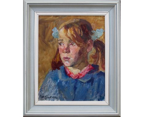 YURI GUSEV (Russian 1928-2012) 'Portrait of a Girl with Blue Bows', 1959, oil on board, 24.5 x 20cm. 