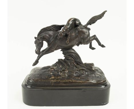 BRONZE, after T Gechter depicting a horse and puma on black slate base, 18cm L x 20cm H. (chips to base) 