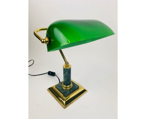 BANKERS LAMP, brass and simulated verdigris marble with a green glass shade, 35cm H. 