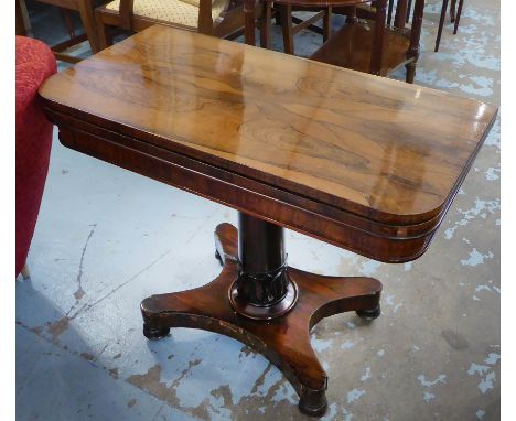 CARD TABLE, William IV rosewood and green baize lined,  92cm W x 46cm D x 76cm H. (veneer missing) 