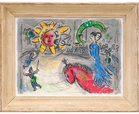 MARC CHAGALL 'Sun with the Red Horse', 1979, original lithograph, Mourlot, 32cm x 43cm, framed and glazed. 