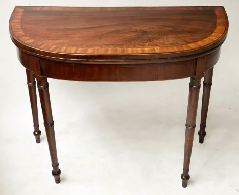 CARD TABLE, George III figured mahogany and satinwood crossbanded with foldover baize lined top, 91cm x 45cm x 75cm H. 