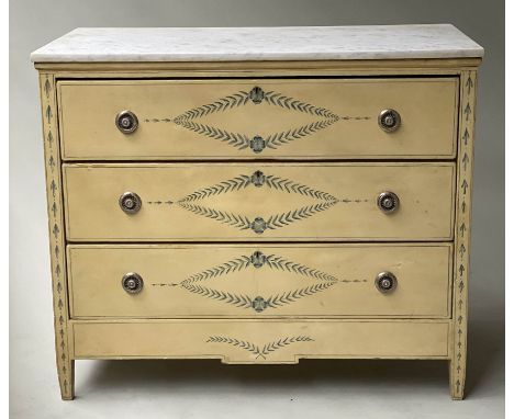 COMMODE, Gustavian design, cream and blue painted with marble top and three long drawers, 92cm H x 108cm W x 54cm D. 