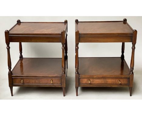 LAMP TABLES, a pair, George III design flame mahogany each with undertier drawer, 50cm x 50cm x 54cm H. (2) 