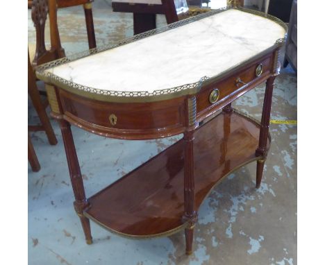 CONSOLE DESSERTE, late 18th century Directoire mahogany with a marble top above three drawers on fluted turned supports, 113c