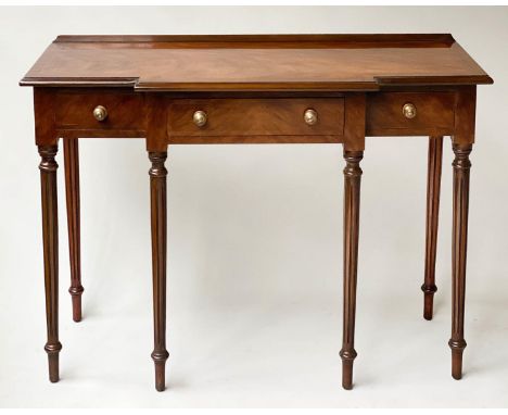 HALL/CONSOLE TABLE, George III design flame mahogany and crossbanded, breakfront with three frieze drawers, 106cm x 45cm x 78