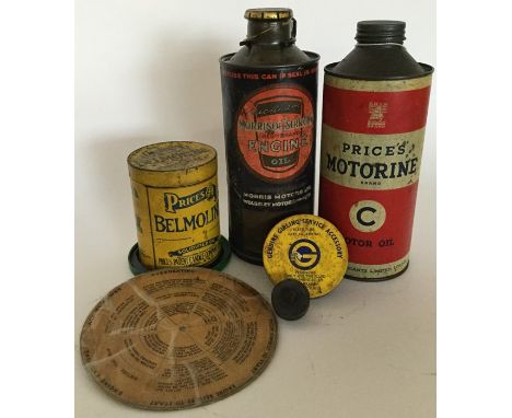 A "Duckham's Morisol 'Sirrom' Engine Oil" can together with a "Price's Motoring Brand Motor OIl" can; a "Price's Belmoline So