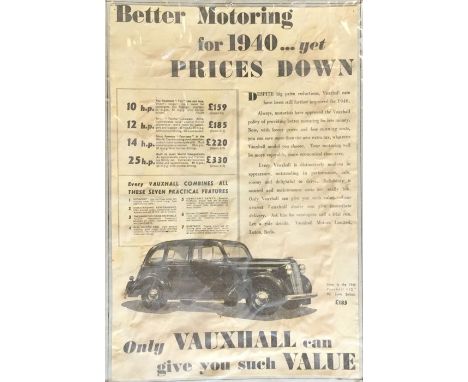 A Vauxhall advertising page depicting 1940's Motoring Prices mounted on card. Approx. 25 cms x 36 cms. 