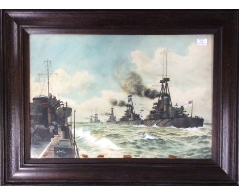 M K BARNETT: A framed and glazed World War 1 painting depicting units of "The Grand Fleet 1917". Signed and dated. Approx. 68