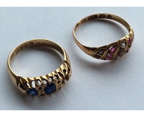 A sapphire and ruby mounted ring in 15 carat, together with one other. Approx. 4.5 grams. Est. £50 - £80.